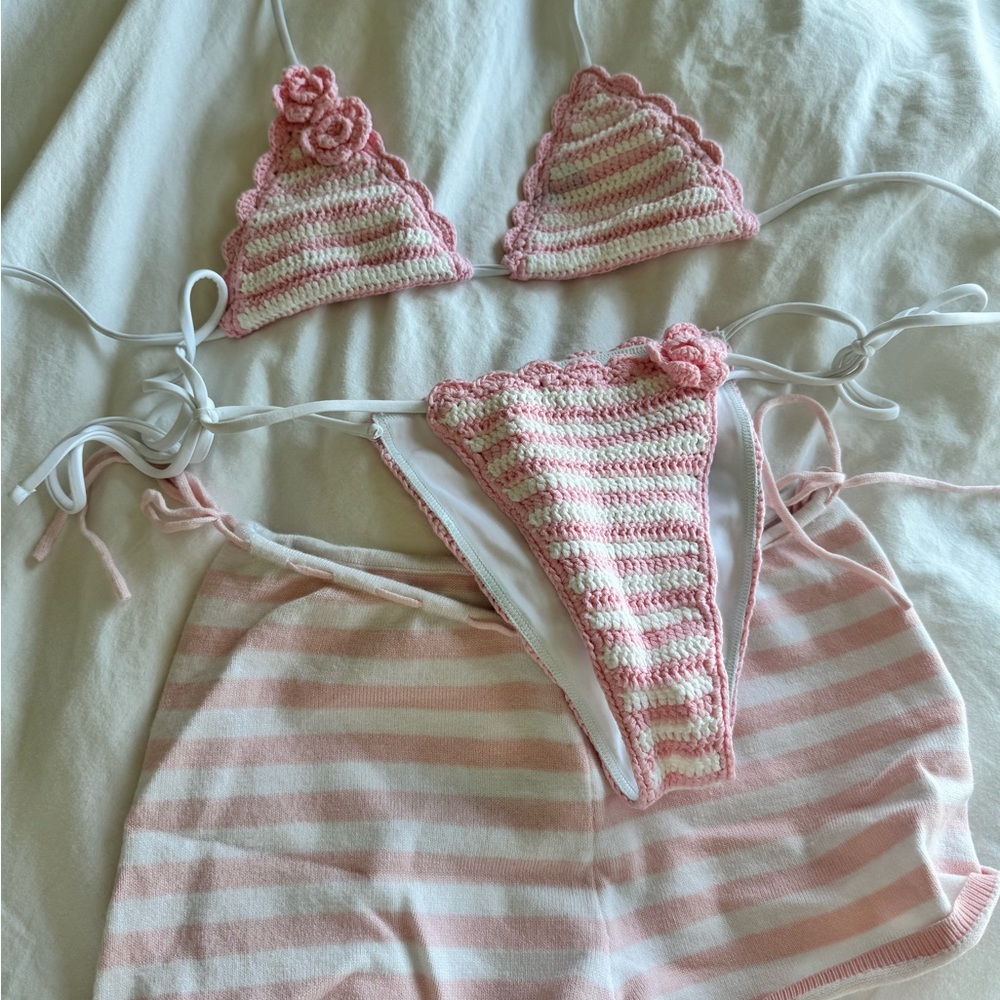 Edikted Pink and White Striped Bikini Set